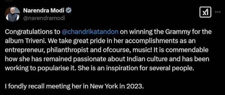 PM Narendra Modi tweets for Chandrika Tandon